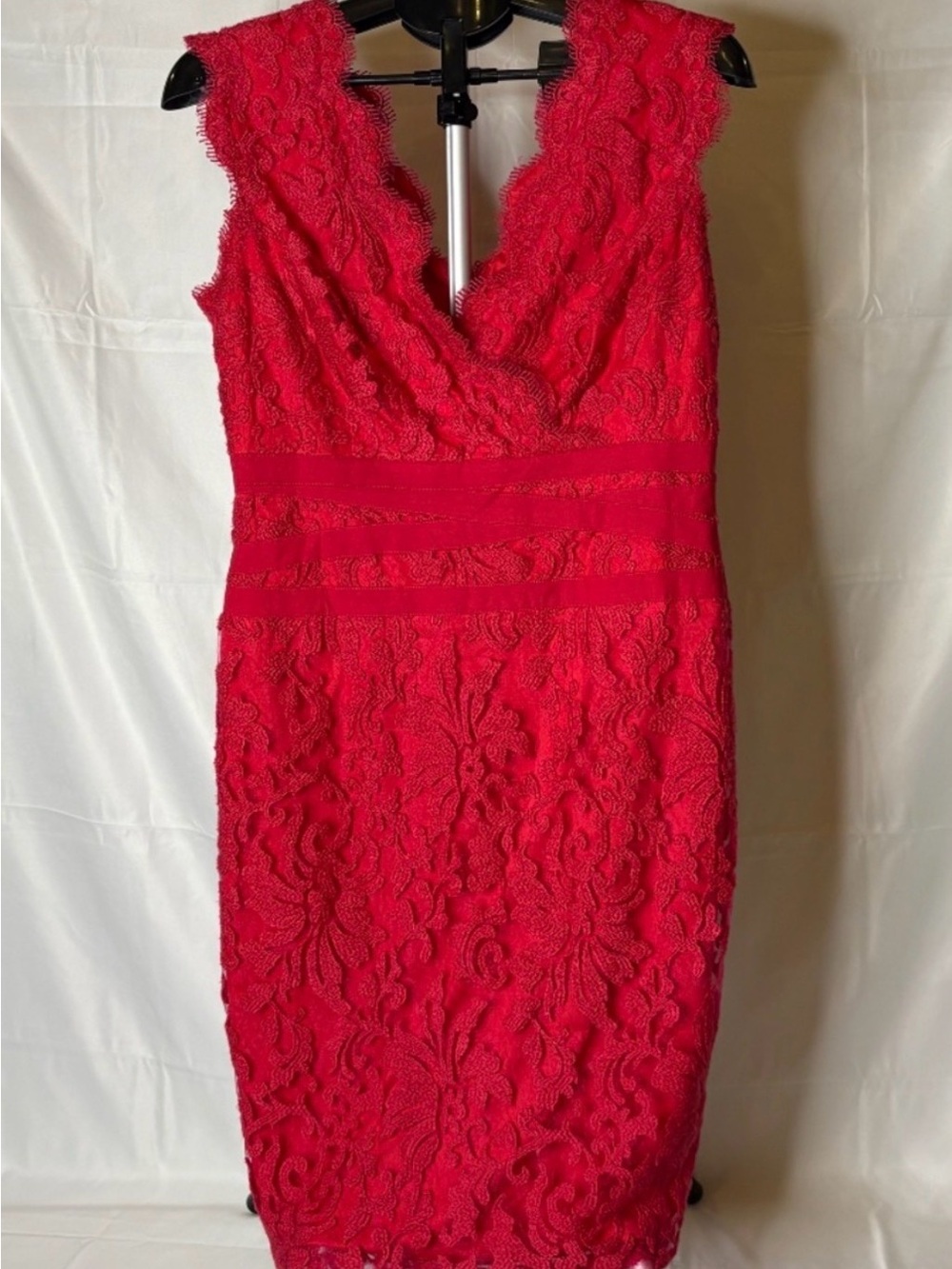 Tadashi Shoji Petite Red Lace Sheath Dress 14P Romantic Coquette Cocktail Weddin
